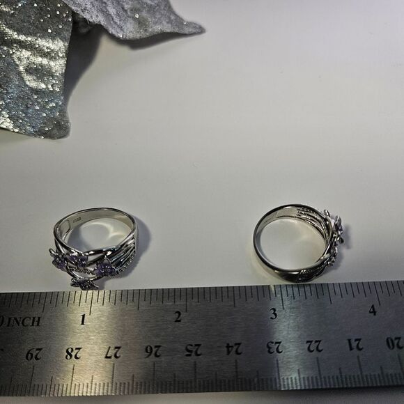 Violet (Purple) Flower Clear / White Diamond Ring on 925 Sterling Silver - Picture 8 of 8